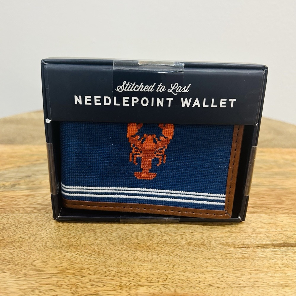 Whelky Think Outside Blue Needlepoint Red Lobster Faux Leather Wallet New NWT